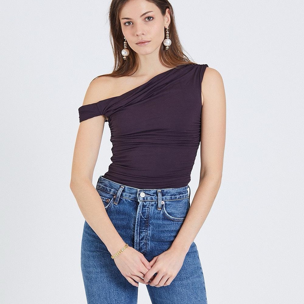 AGOLDE Hilma Twist Sleeve Off the Shoulder Bodysuit in Dark Purple Plum - Picture 3 of 10
